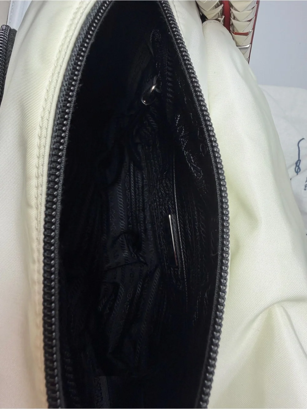 Prada White Nylon Shoulder Bag with Red Trim & Silver Studs